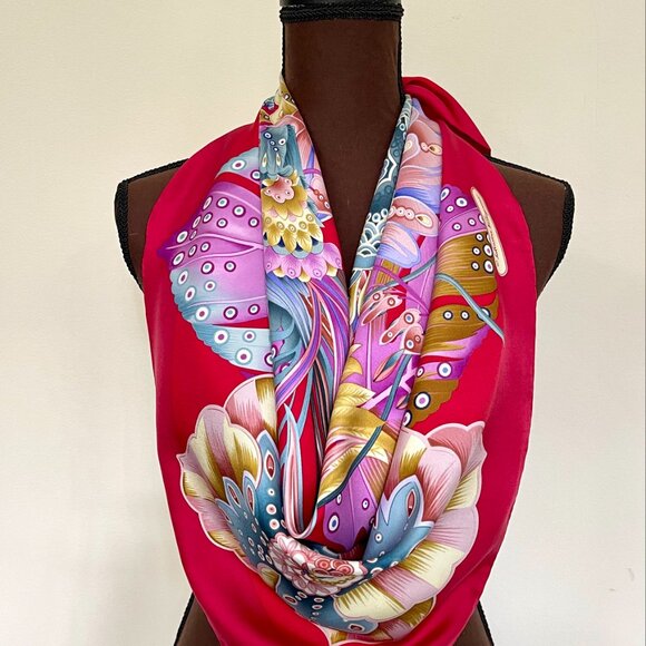 New Salvatore Ferragamo Scarf Flowers Garden Purple Red Burgundy Silk Wrap - Picture 1 of 14